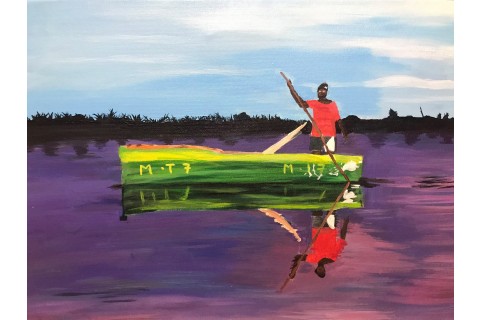 Man on Boat in Purple Lake